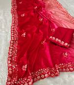 elegant red chiffon saree with heavy designer sequins & thread work and silk blend blend blouse