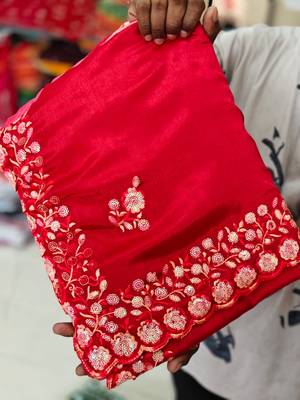 elegant red chiffon saree with heavy designer sequins & thread work and silk blend blend blouse 2