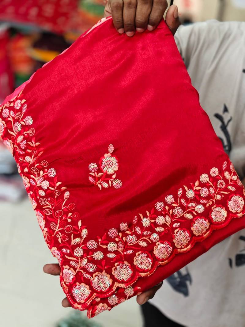 elegant red chiffon saree with heavy designer sequins & thread work and silk blend blend blouse