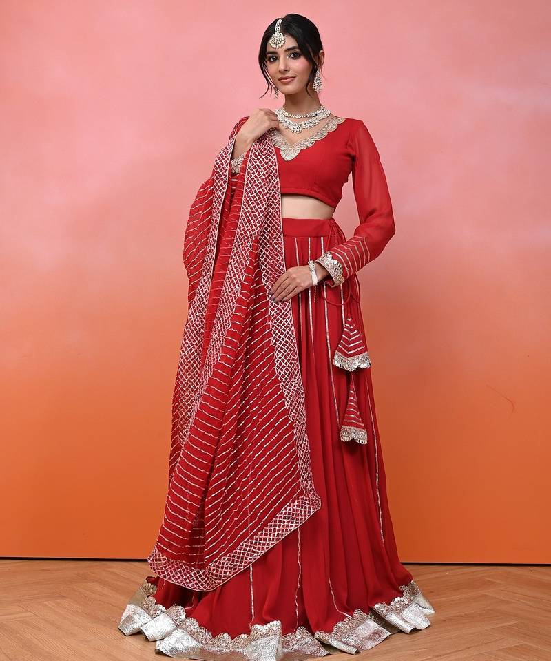Red Georgette Gota Lehenga Set With Blouse