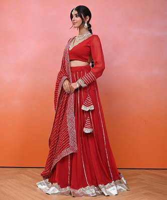 Red Georgette Gota Lehenga Set With Blouse 3