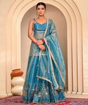 Blue Embroidered Lehanga Set With Blouse 1