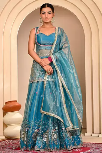 Blue Embroidered Lehanga Set With Blouse