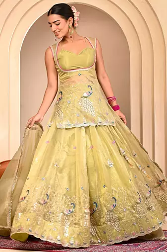 Mint Green Embroidered Lehanga Set With Blouse