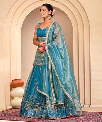 Blue Embroidered Lehanga Set With Blouse 2
