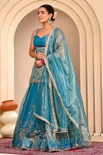 Blue Embroidered Lehanga Set With Blouse