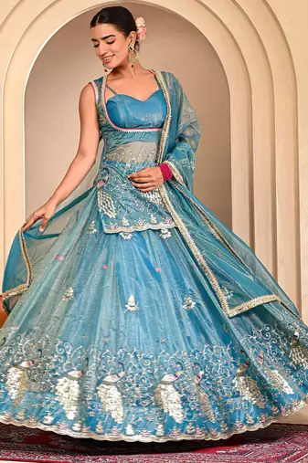 Blue Embroidered Lehanga Set With Blouse