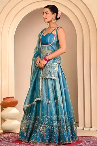 Blue Embroidered Lehanga Set With Blouse