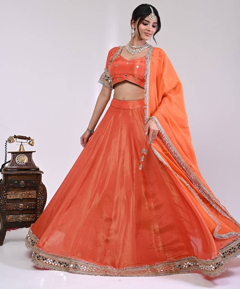 Orange Cosmo Aaina Lehenga Set With Blouse