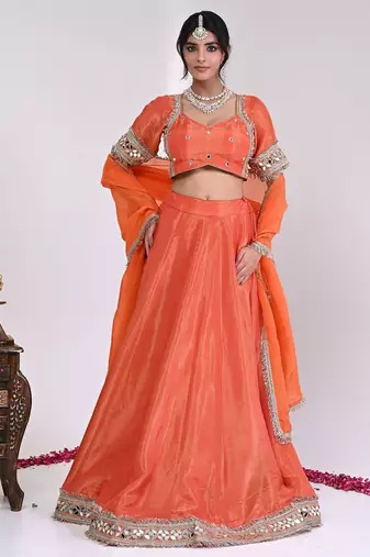 Orange Cosmo Aaina Lehenga Set With Blouse