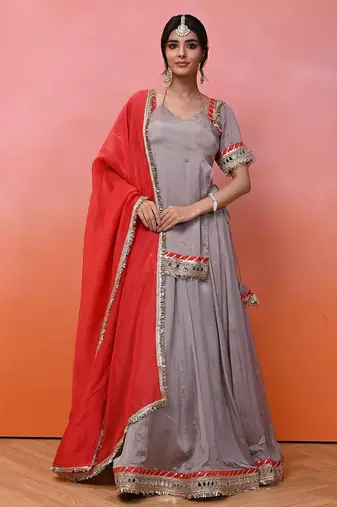 Grey Chinon Aaina Lehenga Set With Blouse