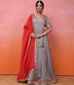 Grey Chinon Aaina Lehenga Set With Blouse