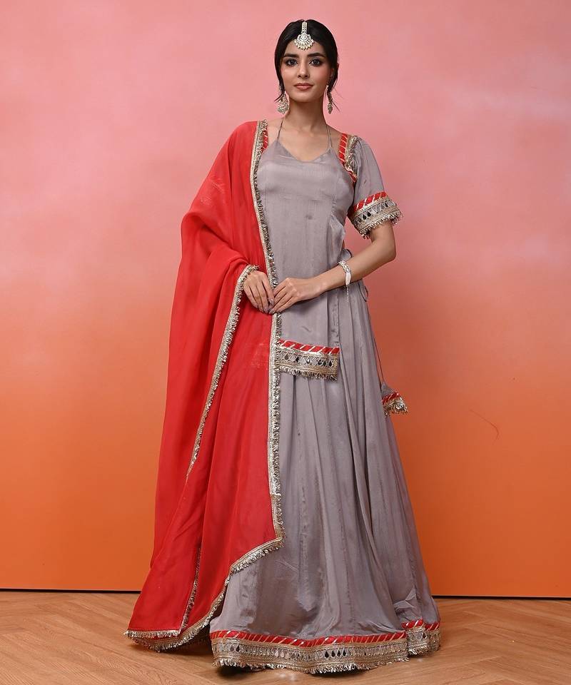 Grey Chinon Aaina Lehenga Set With Blouse