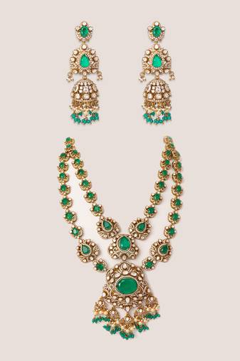 Two tone Plated kundan green stones necklace set