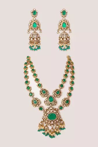 Two tone Plated kundan green stones necklace set