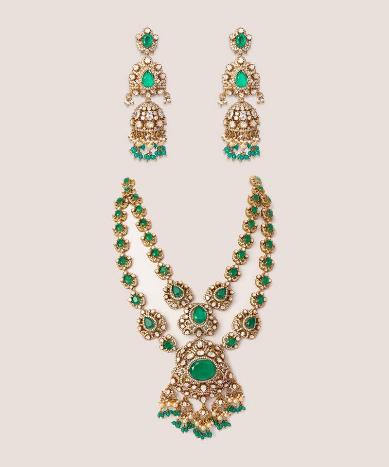 Two tone Plated kundan green stones necklace set