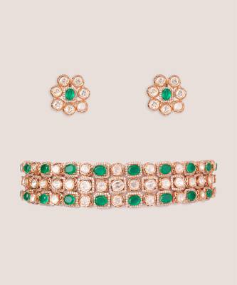 Gold plated kundan green stone choker necklace set 1