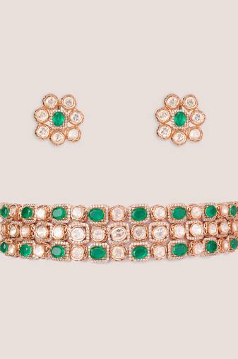 Gold plated kundan green stone choker necklace set