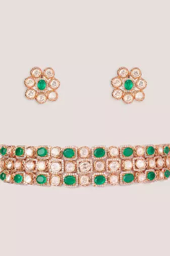 Gold plated kundan green stone choker necklace set