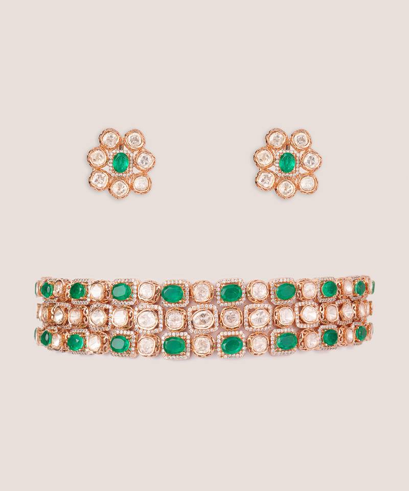 Gold plated kundan green stone choker necklace set
