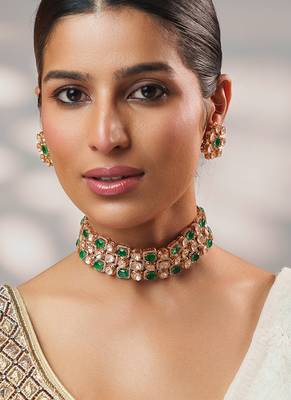 Gold plated kundan green stone choker necklace set 2