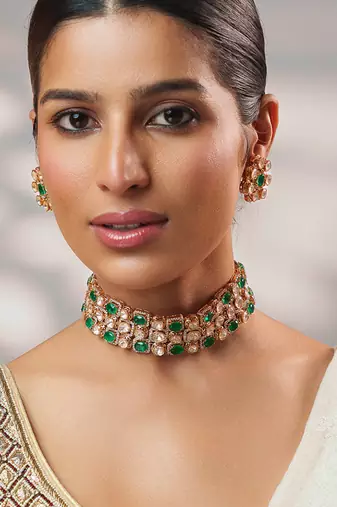 Gold plated kundan green stone choker necklace set