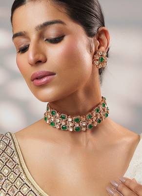 Gold plated kundan green stone choker necklace set 3