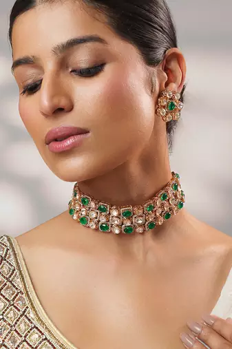 Gold plated kundan green stone choker necklace set