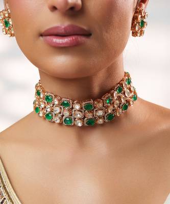 Gold plated kundan green stone choker necklace set 4