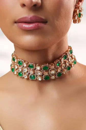 Gold plated kundan green stone choker necklace set