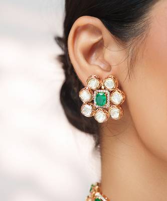 Gold plated kundan green stone choker necklace set 5