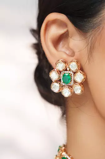Gold plated kundan green stone choker necklace set