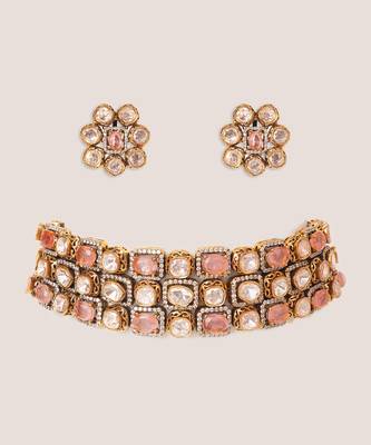 Gold plated kundan pink stones choker necklace set 1