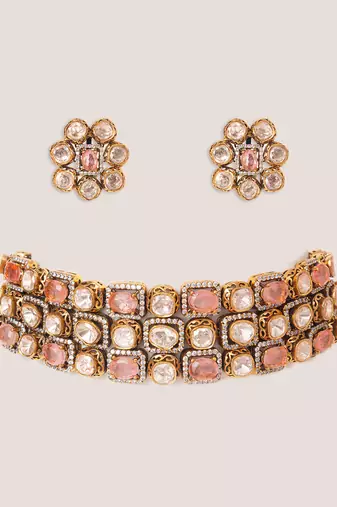 Gold plated kundan pink stones choker necklace set