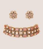 Gold plated kundan pink stones choker necklace set