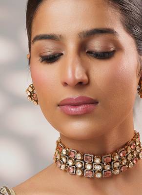 Gold plated kundan pink stones choker necklace set 2