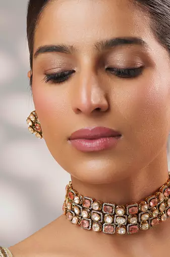 Gold plated kundan pink stones choker necklace set