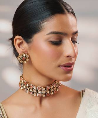 Gold plated kundan pink stones choker necklace set 3