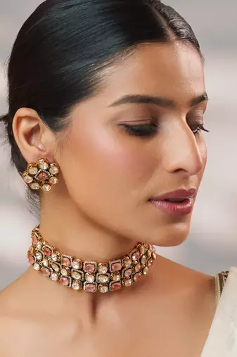 Gold plated kundan pink stones choker necklace set