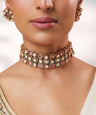Gold plated kundan pink stones choker necklace set 4