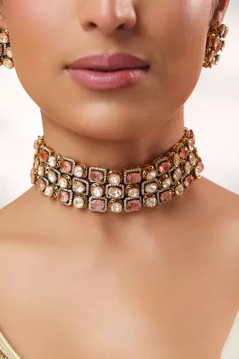 Gold plated kundan pink stones choker necklace set