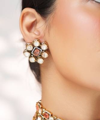 Gold plated kundan pink stones choker necklace set 5