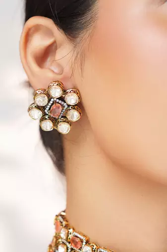 Gold plated kundan pink stones choker necklace set
