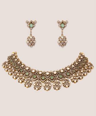 Two tone Plated kundan turquoise stones necklace set 1
