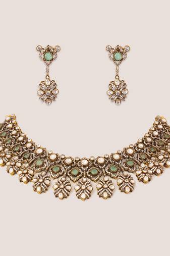 Two tone Plated kundan turquoise stones necklace set