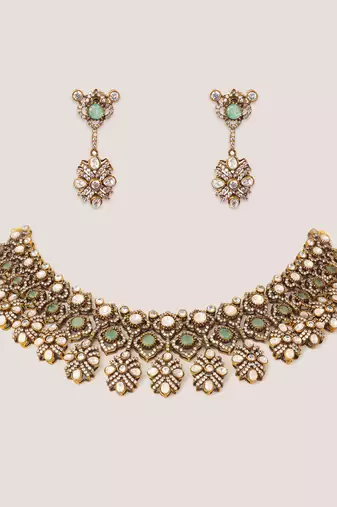 Two tone Plated kundan turquoise stones necklace set