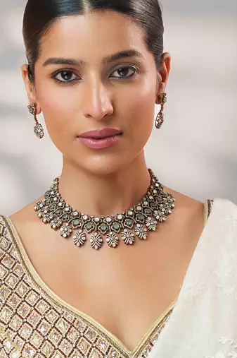 Two tone Plated kundan turquoise stones necklace set