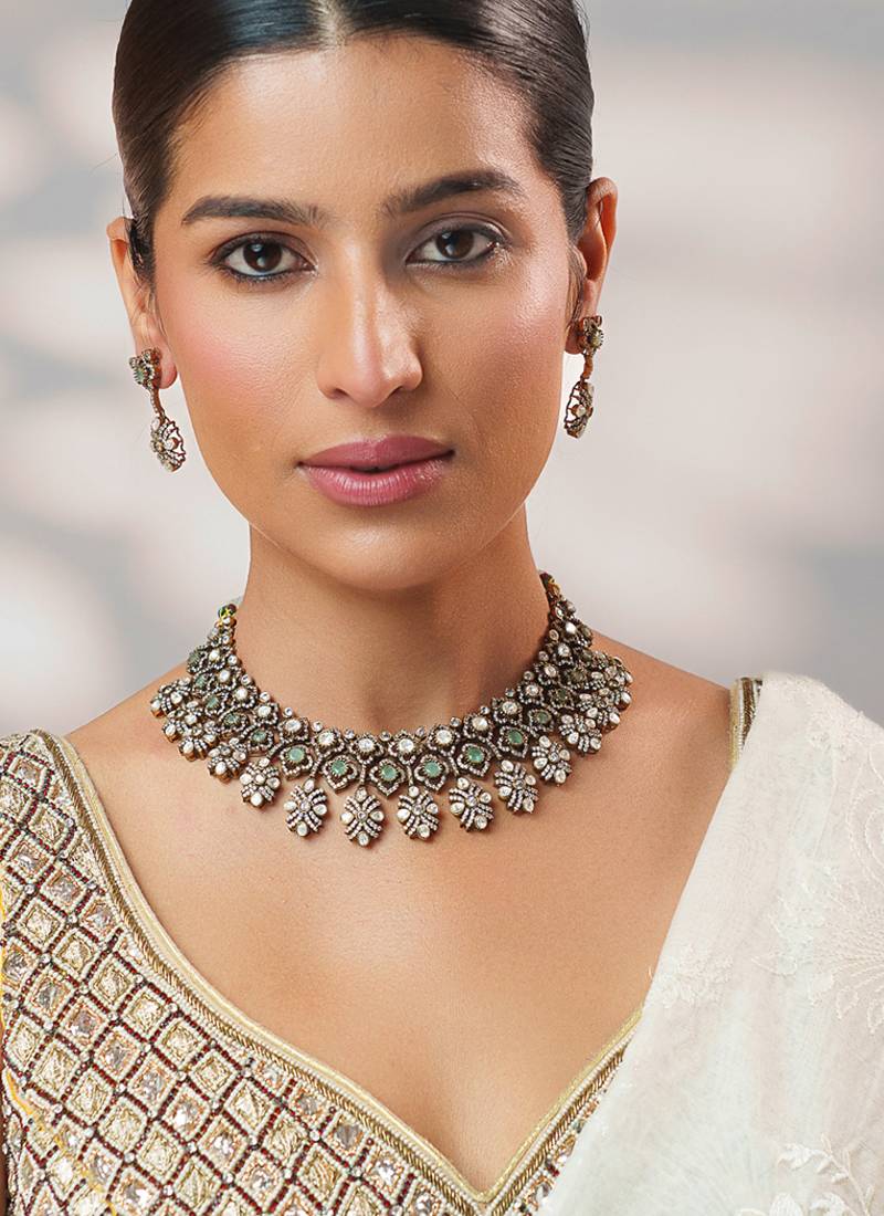 Two tone Plated kundan turquoise stones necklace set