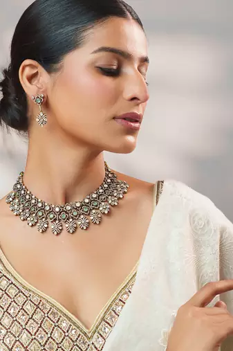 Two tone Plated kundan turquoise stones necklace set