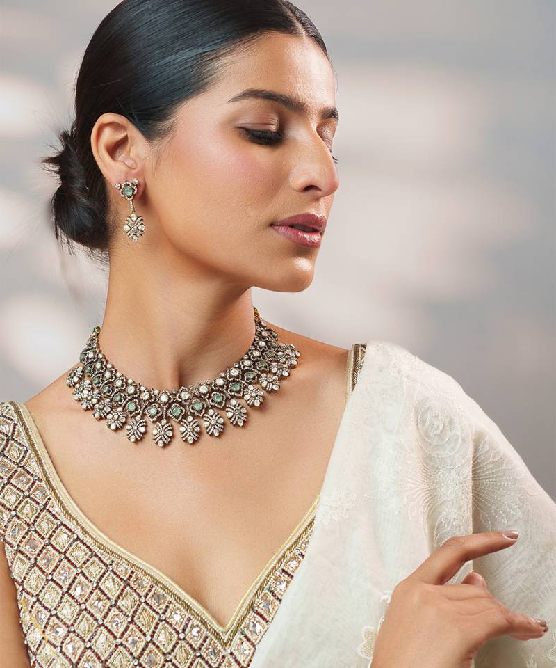 Two tone Plated kundan turquoise stones necklace set